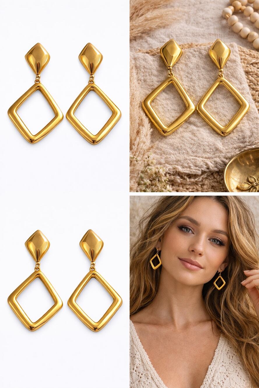 VTG Monet Gold Tone Geometric Dangle Earrings Open Diamond Statement 80s